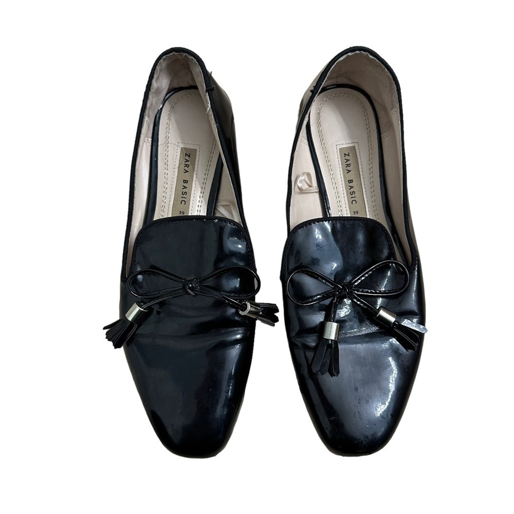 Zara Loafers Shoes Black Shiny Academia Preppy Work Business Tassels 39 8.5